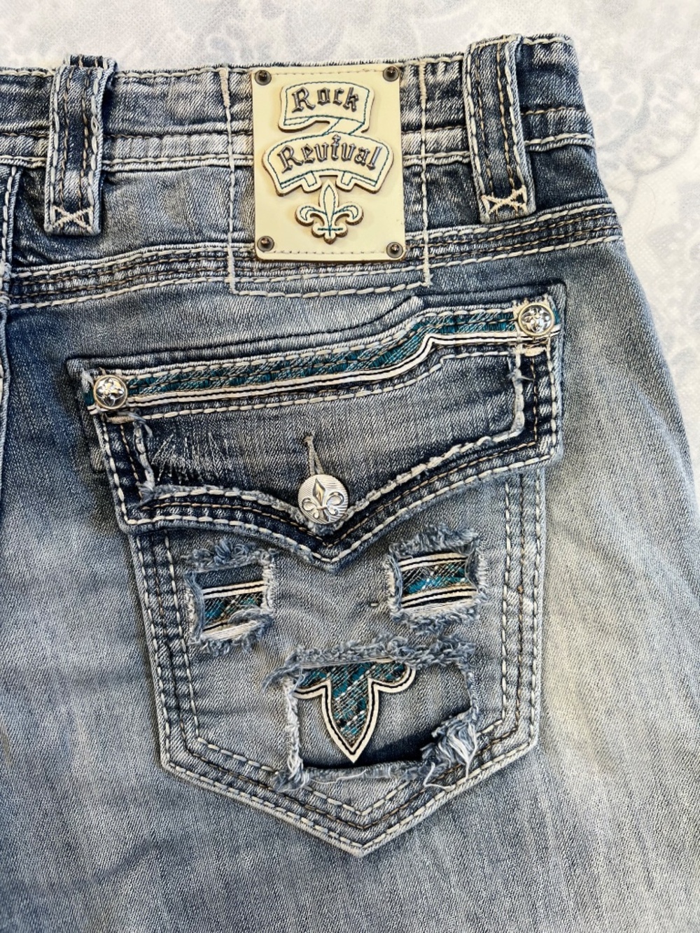 Rock Revival Tom Straight Jeans Teal Leather Inserts Distressed Embroidered 36